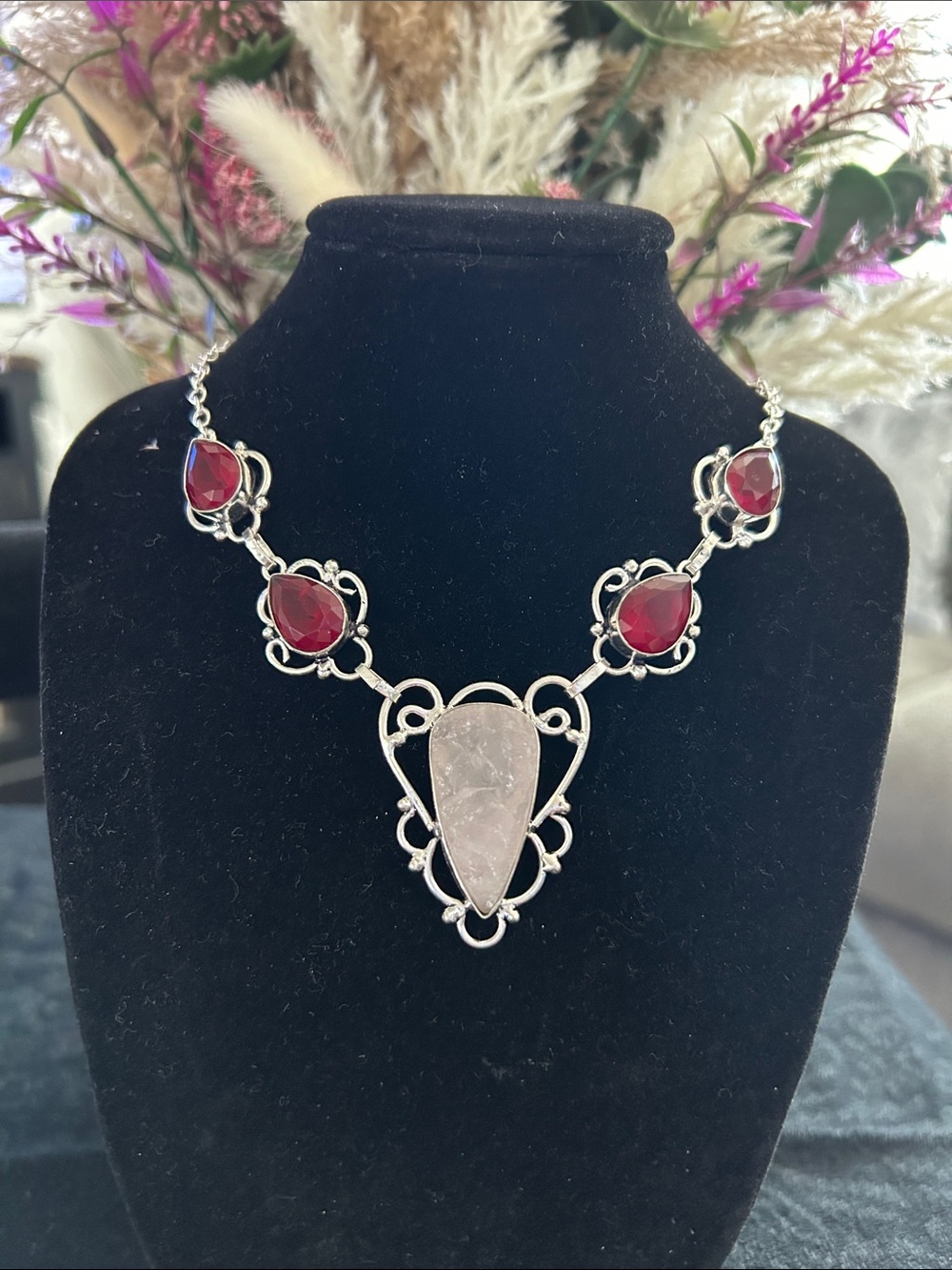 Sterling Silver Rose Quartz Simulated Ruby Gemstone Necklace.